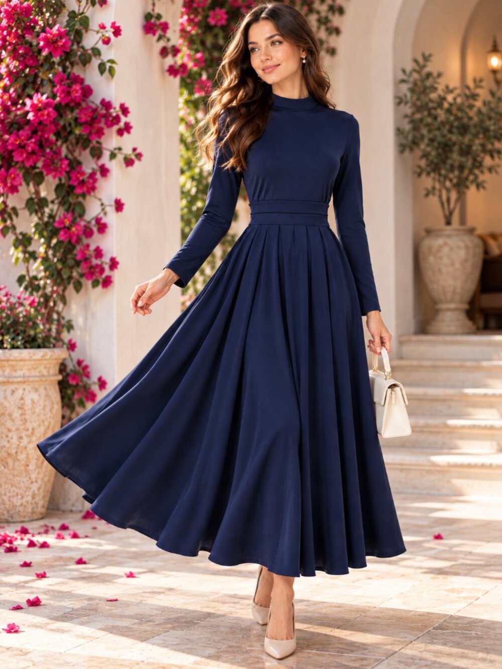 HALARA Women's Navy Blue Long Sleeve Maxi Dress High Neck Pleated A-Line Elegant